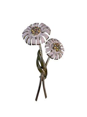B.S.K. Womens Gold Tone White Enamel Double Daisy Flower Brooch With Rhinestones